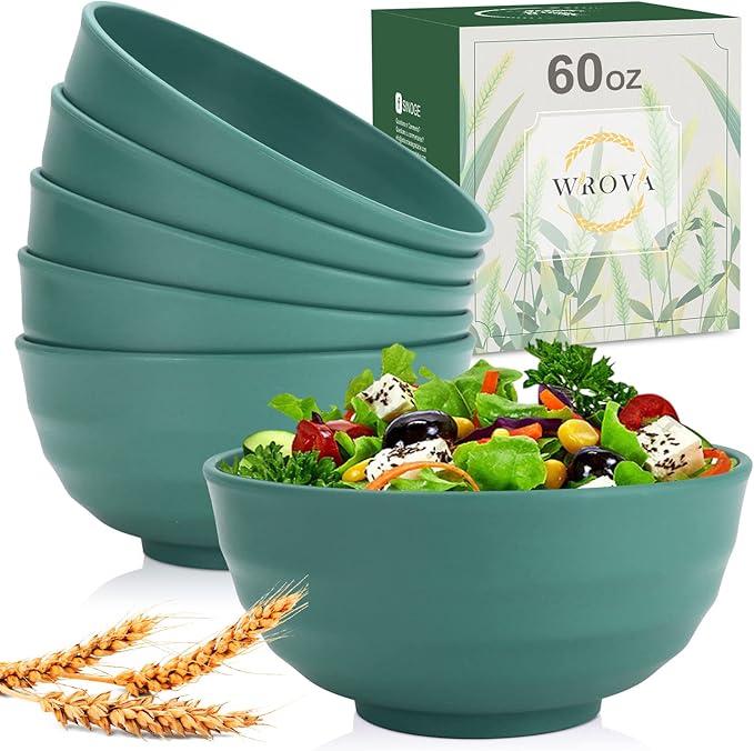 Wheat Straw Bowls Set 60 OZ Unbreakable Large Cereal Bowls Set of 6 Microwave and Dishwasher Safe Bowls Big Bowls for Dorm and Apartment BPA Free Soup Bowl for Serving Oatmeal and Salad (Green)