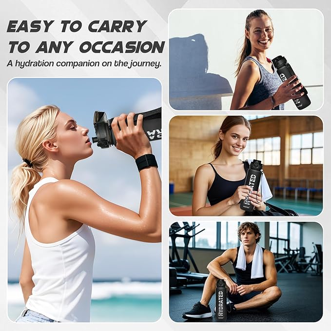 Water Bottle, 32oz Sports Water Bottles with Time Marker Wide Mouth, Motivational and Leakproof Drink Bottle, BPA Free Tritan with Carry Strap for Gym Fitness Outdoor (Direct Drink 1 Bottle)