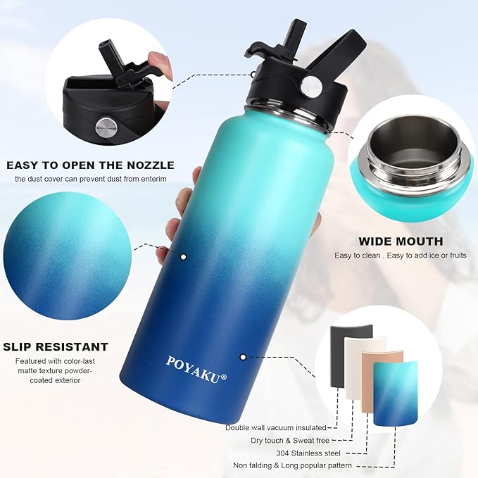 Water Bottle Insulated 32oz 40oz 64oz 128oz Straw Lid Spout Lid & 3 Lids, Leak Proof, Vacuum Insulated,Stainless Steel Water Bottle Wide Mouth for Sports, Gym or Office