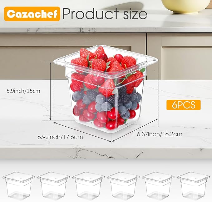 6 Pack 6'' Deep NSF Food Pans 1/6 Size | Commercial Food Storage Containers | Polycarbonate Plastic Pans for Restaurant | Commercial Grade for Food Prep | Clear