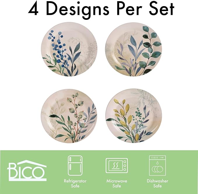 Bico Botanical Valley Salad Plates Set of 4, 8.75 Inch Ceramic Dessert Plates for Salad, Appetizer, Side Dishes, Microwave and Dishwasher Safe, Gift for Housewarming and Thanksgiving