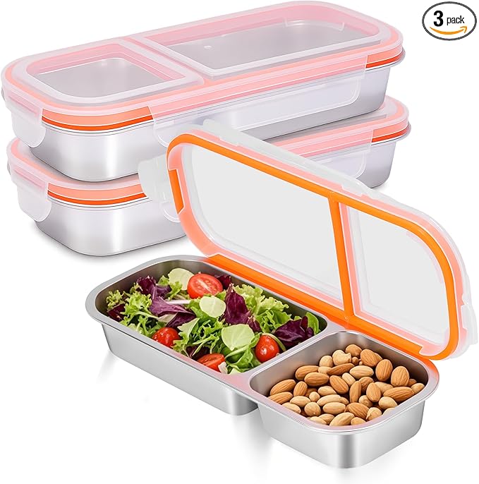 3 Pack Stainless Steel Snack Containers - Reusable 2 Compartment Snackle Box Container with Lids for Kids Adults, Divided Snack Food Storage Containers for School, Home, Travel