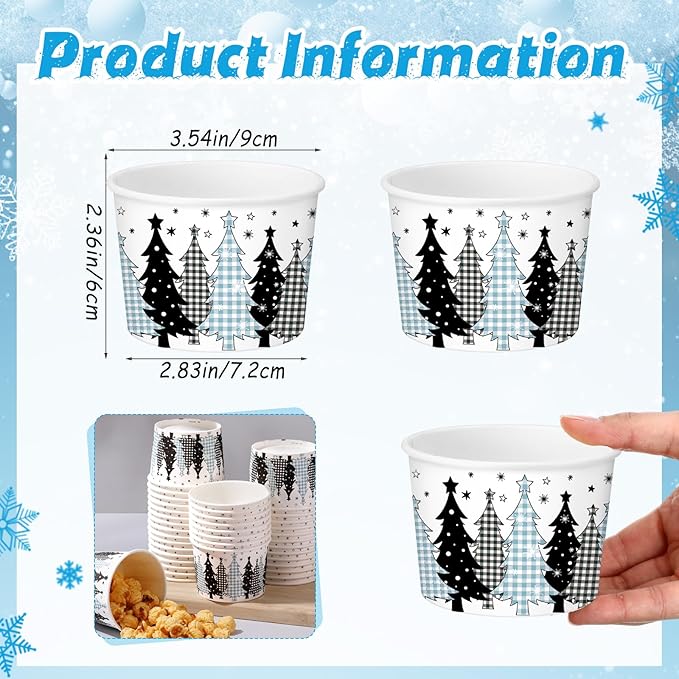 50 Pack Christmas Tree Treat Snack Cups Blue Gingham Buffalo Plaid Paper Ice Cream Cups 9 oz Xmas Tree Disposable Dessert Bowls for Hot or Cold Food Winter Xmas Holiday Party Supplies