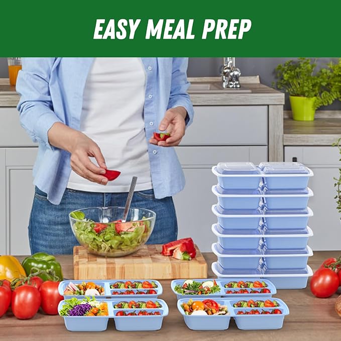 50 Pack (100-Piece) 32 oz Meal Prep Containers Reusable with Lids 3-Compartment, To Go Take Out Plastic Food Storage Containers, Sturdy Leakproof Food Safe, Microwave Freezer Dishwasher Safe, Blue