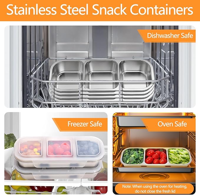 Stainless Steel Snack Containers with Lids, 2 Pack Grab and Go Metal Snack Containers, 3 Compartment Reusable Stainless Steel Snack Box for Food Lunch Meal Prep (3+2 Compartment 2 PCS)
