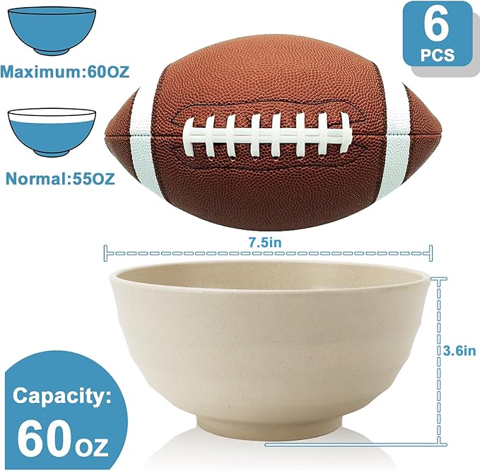 Wheat Straw Bowls 60 OZ, Unbreakable Large Salad Bowls Set of 6, Microwave and Dishwasher Safe Big Popcorn Bowls, Plastic Serving Bowls for Eating, Soup, Cereal and Salad (Multi Colors)