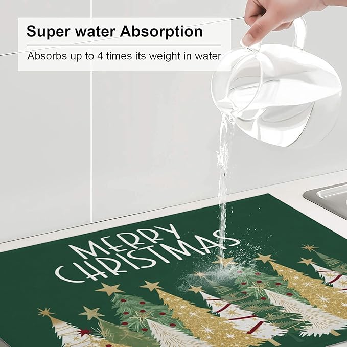 Christmas Dish Drying Mat for kitchen Counter Microfiber Merry Christmas Dish Drying Mat for Dishes Absorbent Reversible Large Kitchen Dish Drying Pad Rack Mat 18x24 Inch