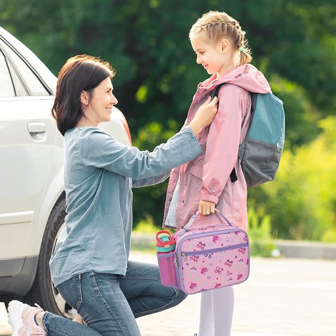 Bagseri Kids Lunch Bag for Girls - Insulated Kids Lunch Box for Daycare and School Reusable Meal Tote Bag with Water Bottle Holder, Easy-Clean Water-Resistant Fabric, Pink Butterfly