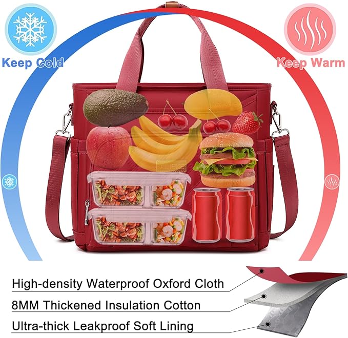 AIJIEKE Insulated Lunch Bag for Women, Lunch Box, Lunch Tote for Work, Large Leak Proof Cooler Bag with Removable Strap, Reusable Adult Lunchbag, Picnic, Office, Beach, Red