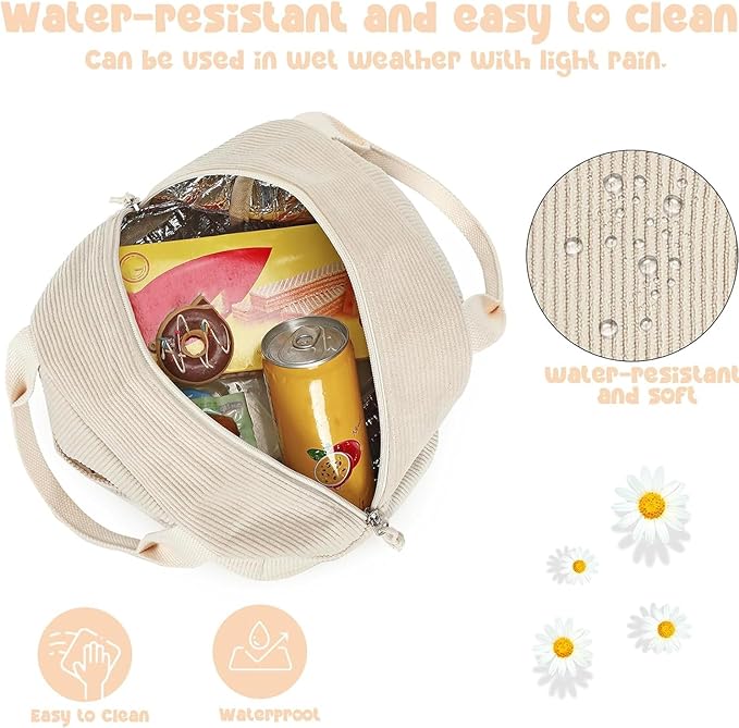 Bluboon Lunch Bag for Women Men Cute Corduroy Lunch Tote Bags Reusable Insulated Lunch Box Large Capacity Reusable Insulated Cooler for Work Picnic or Travel