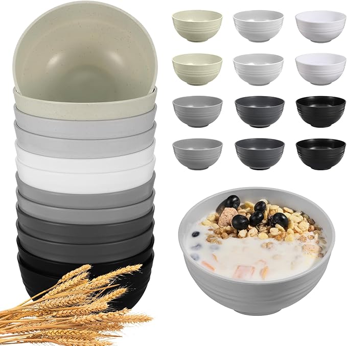 12 Pcs Unbreakable Cereal Bowls Set, 26 Oz Wheat Straw Bowls Set, Microwave & Dishwasher Safe Bowls for Kitchen, Reusable Plastic Bowls for Soup, Salad and Snack, BPA Free, Multicolor