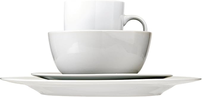 Amazon Basics 16-Piece Porcelain Kitchen Dinnerware Set with Plates, Bowls and Mugs, Service for 4 - White
