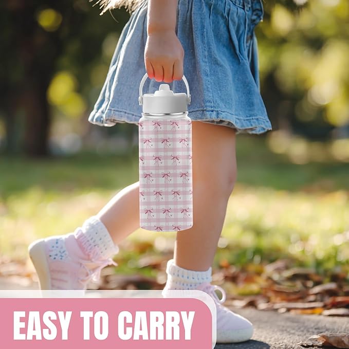 Pink Bow Gifts, 16 oz Water Bottle with Straw Lid, Stainless Steel Insulated Pink Bow Tumbler, Cute Water Bottles for Birthday Christmas