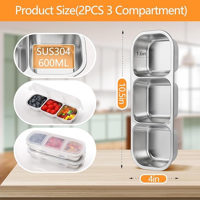 Stainless Steel Snack Containers with Lids, 2 Pack Grab and Go Metal Snack Containers, 3 Compartment Reusable Stainless Steel Snack Box for Food Lunch Meal Prep (3 Compartment 2 PCS)