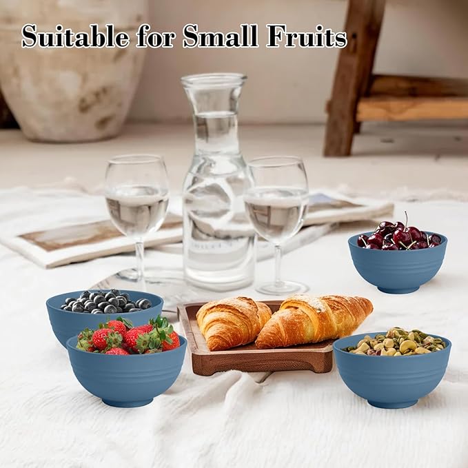 Wrova wheat straw dessert bowls 10oz set of 8 - Unbreakable snack Bowls Dishwasher Safe - Handy Bowls for Ice Cream,Yogurt and Fruits. Blue