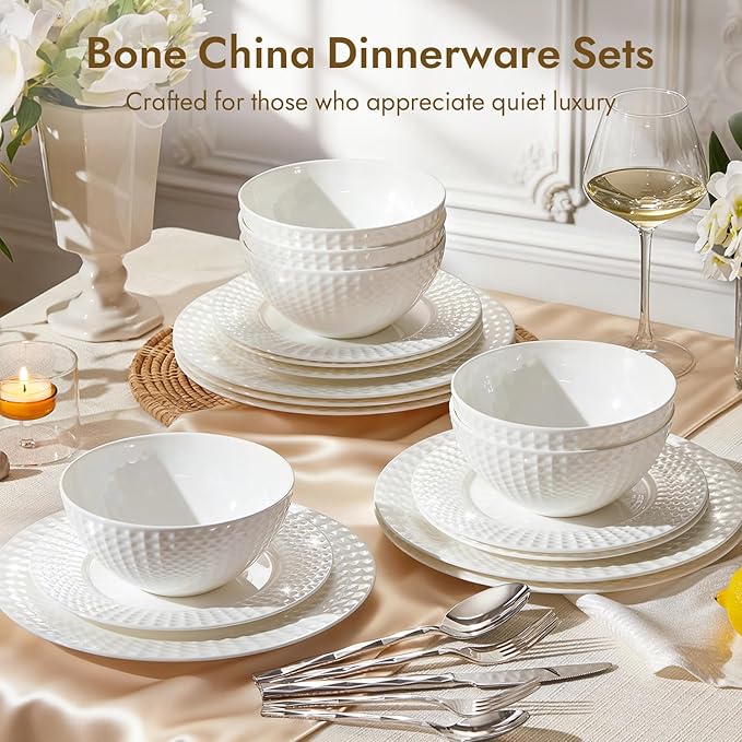 KINGSTONE Bone China Dinnerware Set, 12-Piece White Lightweight Porcelain for 4, Plates and Bowls with Rhombus patterned edge design, Microwave and Dishwasher Safe, for Family, Restaurant, Gifting