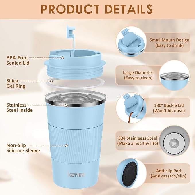 KETIEE Travel Mug 12oz, Insulated Coffee Mug with Leakproof Lid, Travel Coffee Mug Vacuum Stainless Steel Double Walled Reusable Coffee Cup for Hot and Iced Coffee Tea Water