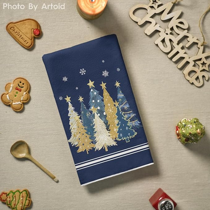 Artoid Mode Blue Xmas Tree Merry Christmas Kitchen Towels Dish Towels, 18x26 Inch Farmhouse Star Snowflakes Decoration Cleaning Set of 2