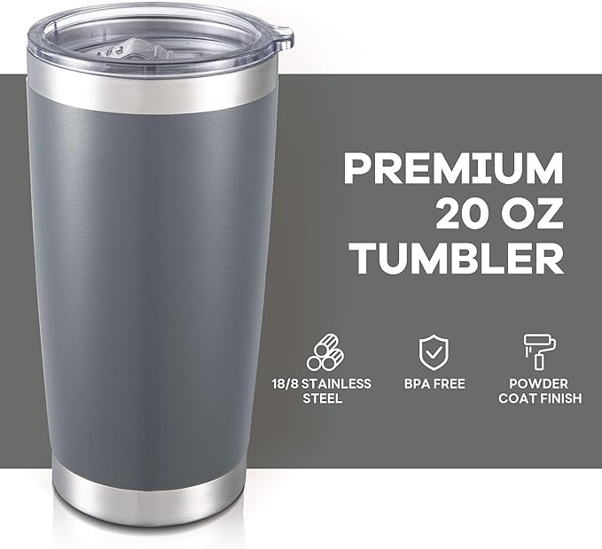 20 oz Tumbler with Lid Stainless Steel Insulated Tumblers Bulk Double Wall Vacuum Cups Powder Coated Travel Mug Keep Drinks Cold and Hot, Grey, 12 Pack