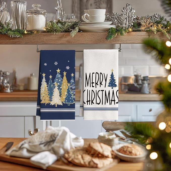 Artoid Mode Blue Star Xmas Tree Merry Christmas Kitchen Towels, 18x26 Inch Quick Dry Microfiber Cloth Dish Towels for Kitchen Drying Set of 2