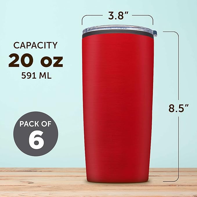 DISCOUNT PROMOS Plastic Tumblers 20 oz. Set of 6, Bulk Pack - With lids, Ice Coffee Tumbler, To Go Cup, Insulated - Red