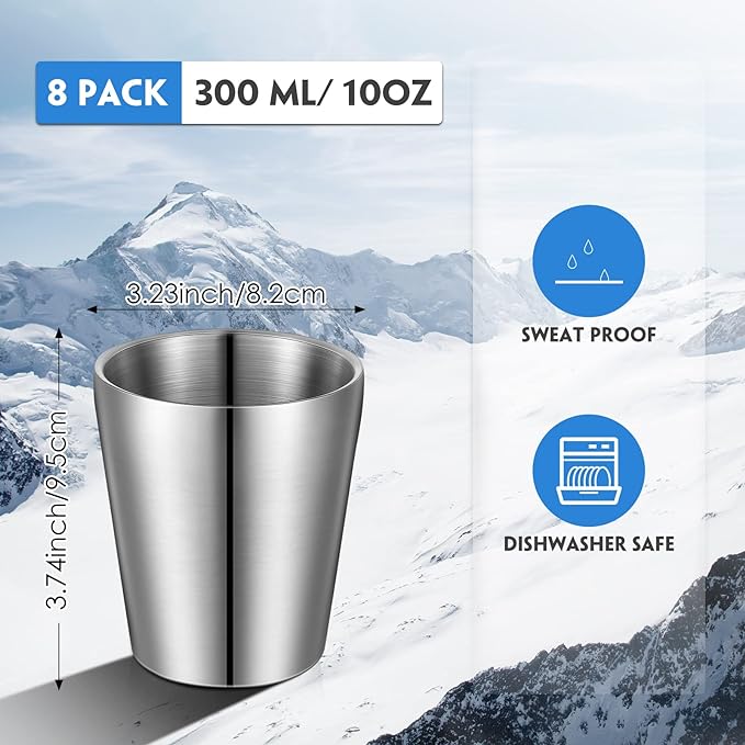 8 Pack Stainless Steel Insulated Cup 10 oz Metal Tumbler Double Wall Vacuum Water Glasses Camping Reusable Mugs Bbq Home Office Party Coffee
