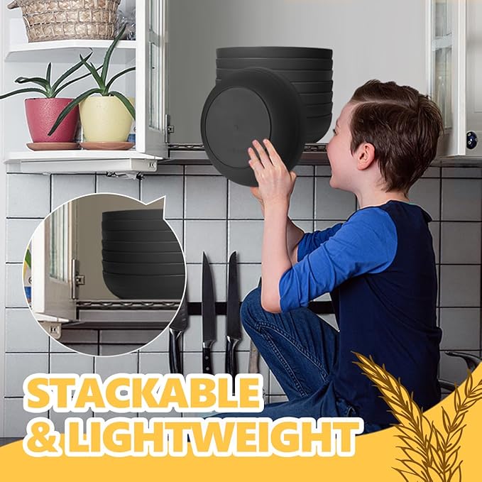 Teivio 40-Piece Kitchen Plastic Wheat Straw Dinnerware Set, Service for 8, Dinner Plates, Dessert Plate, Cereal Bowls, Pasta Bowls, Cups,Unbreakable Outdoor Camping Dishes, Black