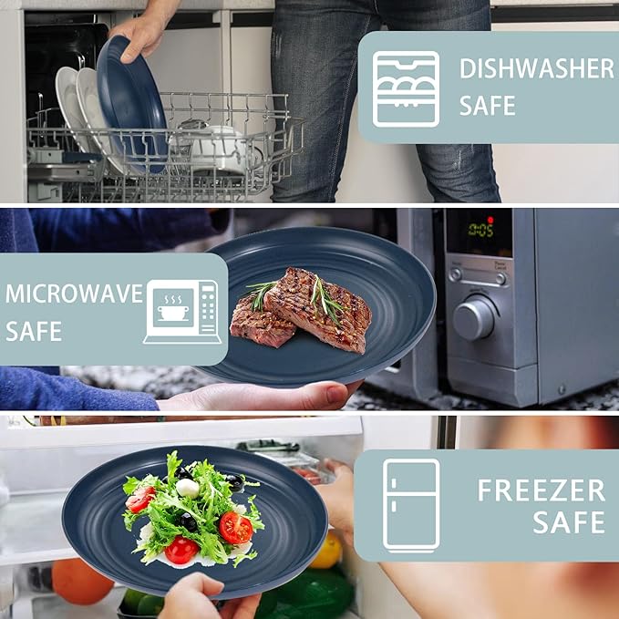 Supernal Wheat Straw Dinnerware Sets, Tableware Set for 8, Plates and Bowls Sets, Reusable Dinnerware Set, Microwave Dishwasher Safe, Blue Plastic Dinnerware Sets 16pcs Plates, 8pcs Bowls, 8pcs Cups