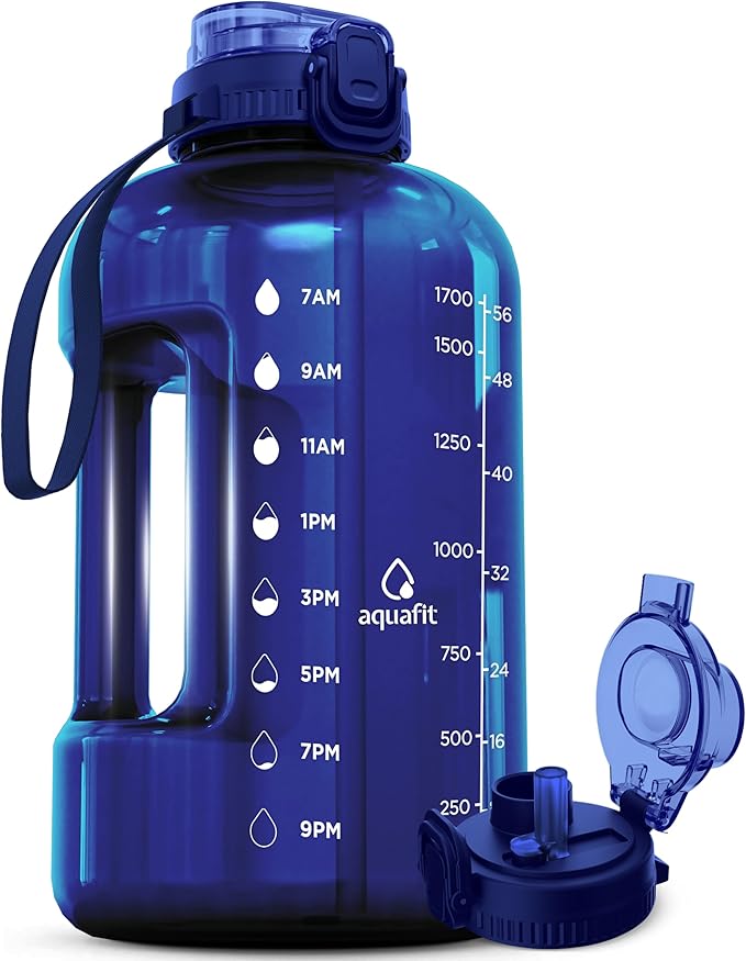 AQUAFIT Half Gallon Water Bottle with Time Marker - Straw & Chug Lid - BPA Free Gym Water Bottle with Straw - Big Gallon Jug (Blue, 64 oz - 2in1 Lid)
