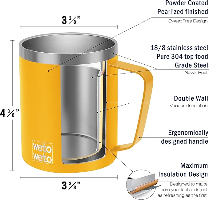 WETOWETO 14 oz Coffee Mug, Vacuum Insulated Camping Mug with Lid, Double Wall Stainless Steel Travel Tumbler Cup, Coffee Mugs Outdoor, Powder Coated Alpine Yellow