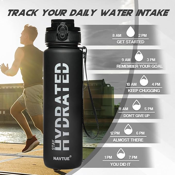 Water Bottle, 32oz Sports Water Bottles with Time Marker Wide Mouth, Motivational and Leakproof Drink Bottle, BPA Free Tritan with Carry Strap for Gym Fitness Outdoor (Direct Drink 1 Bottle)