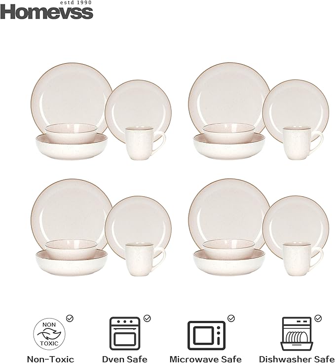 Eur-Nordic Shape Raising Rim 20pc Dinnerware Set, Shiny Glaze Peach with Speckle Effect