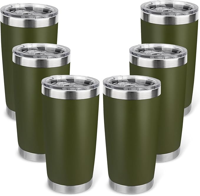20oz Stainless Steel Tumbler Bulk with Lid, Travel Mug - Double Wall Vacuum Powder Coated Cup - Army Green, 6 Pack