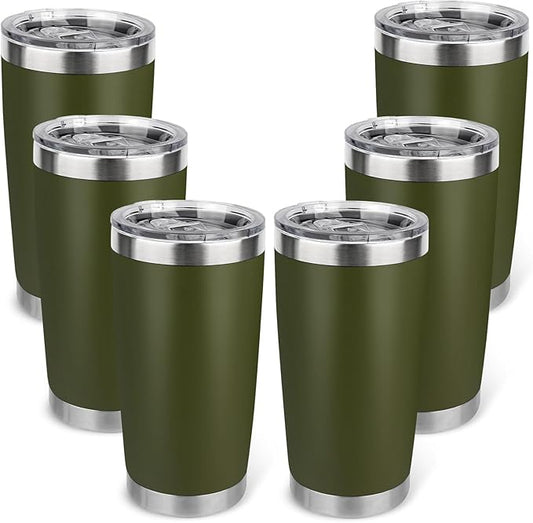 20oz Stainless Steel Tumbler Bulk with Lid, Travel Mug - Double Wall Vacuum Powder Coated Cup - Army Green, 6 Pack