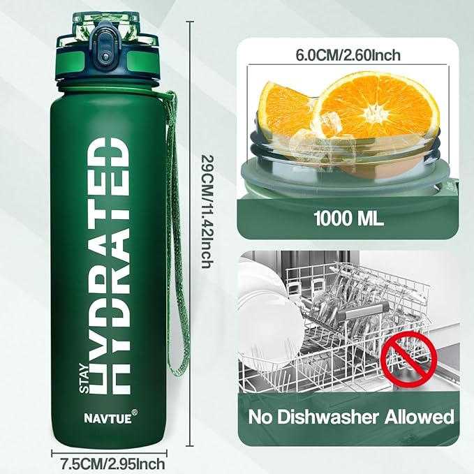 Water Bottle, 32 oz Sports Water Bottles with Time Marker Wide Mouth, Motivational and Leakproof Drink Bottle, BPA Free Tritan with Carry Strap for Gym Fitness Outdoor(Direct Drink 1 Bottle)