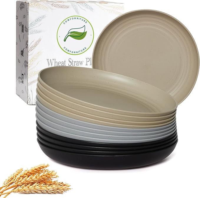 12PCS Unbreakable Dinner Plates, Dishwasher & Microwave Safe Plastic Plates Reusable, Lightweight Wheat Straw Plates for Kitchen (Simplicity, 9 In.)