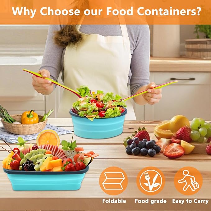 8 Pack Collapsible Food Storage Containers with Lid & Air Vent, 4 Rectangular and 4 Round Foldable Collapsible Storage Containers Sets, Lunch Bowls for Travel, Microwave Freezer Dishwasher Safe