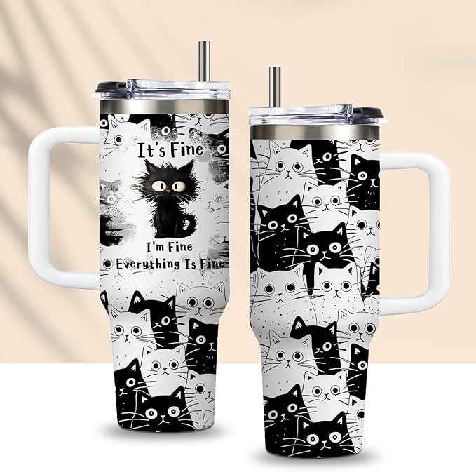 Cat Gifts for Women Girls Funny Black Cat Cup Tumbler with Handle 30oz Everything Is Fine Cats Themed Insulated Travel Coffee Mugs Cool Gifts for Cats Lovers Mom Christmas Birthday Present