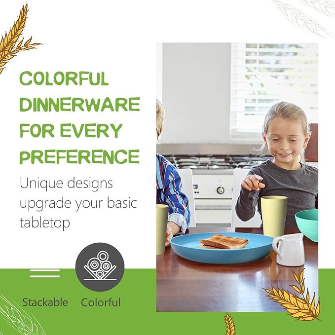 Teivio 32-Piece Kitchen Plastic Wheat Straw Dinnerware Set, Service for 8,Dinner Plates, Dessert Plate, Cereal Bowls,Cups,Unbreakable Colorful Plastic Outdoor Camping Dishes for Patio,Hues Multicolor