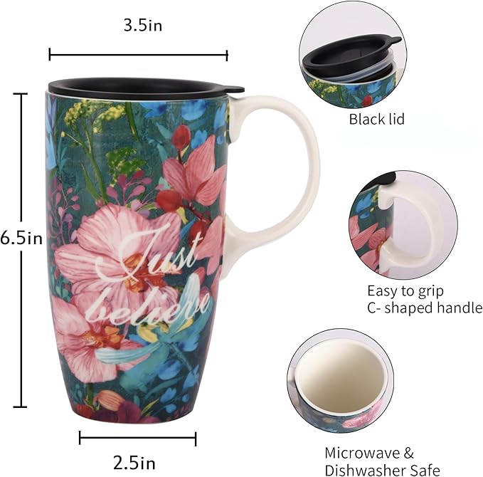Topadorn Ceramic Coffee Mug Travel Mug with Lid Tea Cup,Set of 2,17oz.Dragonfly