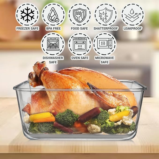 3300 ml/ 112 oz LARGE Glass Food Container with Locking Lid. Ideal for Storing food, vegetables or fruits. Baking Casserole, Lasagna, Baking Or Roasting chicken and lot of other tasty food. BPA Free