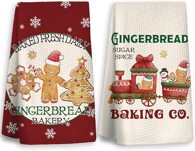 Christmas Gingerbread Kitchen Towels Set of 2,Gingerbread Christmas Decors,Christmas Dish Towels for Kitchen,Christmas Hand Towels for Bathroom,Gifts for Women,Housewarming Gifts 16×24 Inches