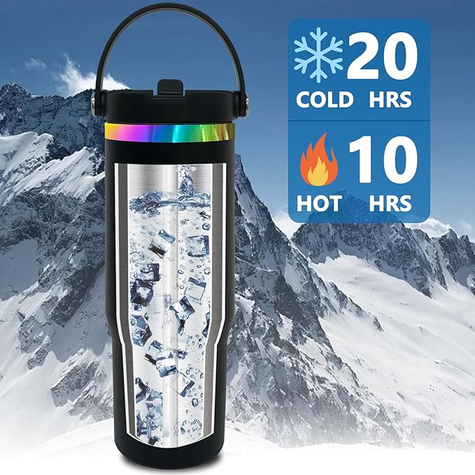 30 oz Tumbler with Handle and Straw, Vacuum Insulated Tumblers with Flip Straw and Top Handle, Leakproof Powder Coated Tumbler, Stainless Steel Travel Mug for Coffee Water (Black)