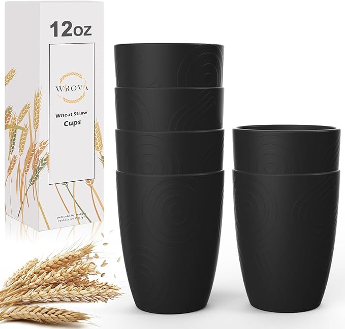 Wheat Straw Cups 6 PCS Good Alternative to Plastic Reusable Cups 12 oz Unbreakable Drinking Cup Reusable Dishwasher Safe Water Plastic Glasses Black