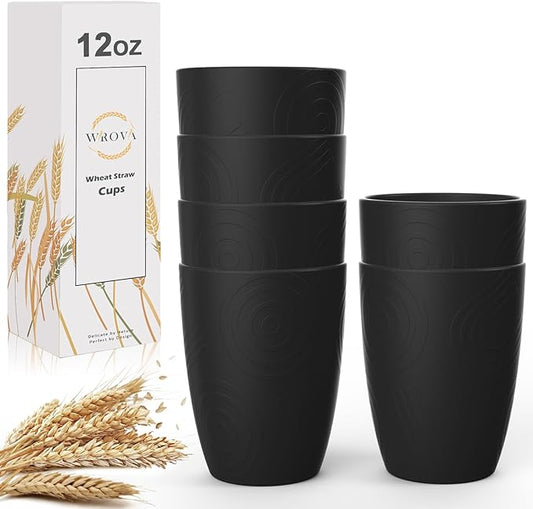 Wheat Straw Cups 6 PCS Good Alternative to Plastic Reusable Cups 12 oz Unbreakable Drinking Cup Reusable Dishwasher Safe Water Plastic Glasses Black