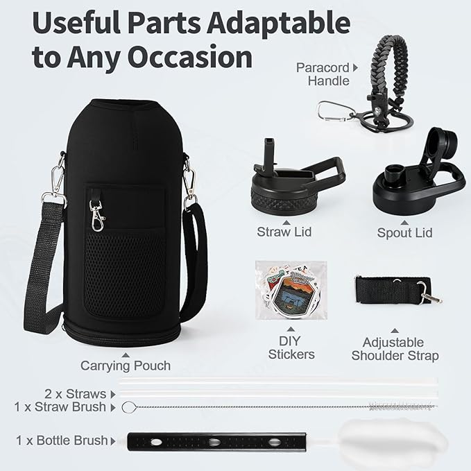 87 oz Insulated Water Bottle with Straw (Cold for 48 Hrs), Half Gallon Stainless Steel Triple Wall Vacuum Sports Water Jug, Leakproof Hydro Cup Flask with Straw Spout Lids & DIY Stickers