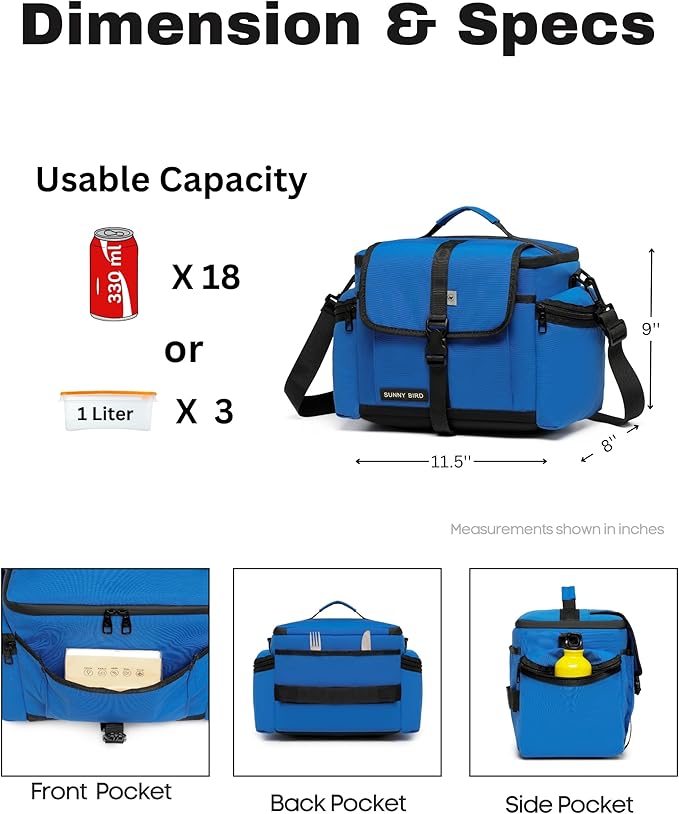 SUNNY BIRD Large Lunch Bag, Thermally Insulated Soft Cooler with Shoulder Strap for Women, Men (Blue)