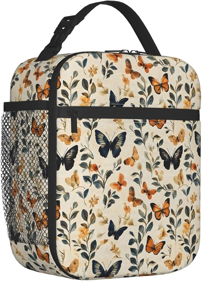 Butterfly Floral Lunch Box for Teen Kids, Vintage Reusable Thermal Lunchbag, Picnic, School, Hiking, Fishing, Animal Insulated Tote Cooler Bags for Adults Women Decor Gifts, Spring Theme