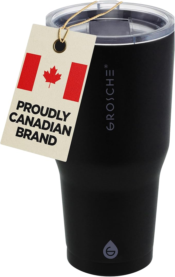 GROSCHE Yukon 30 oz Insulated Coffee Mug with Lid - Durable Travel Mug, Stainless Steel Tumblers, Vacuum Insulated Coffee Tumbler for Hot or Cold Beverages - BLACK