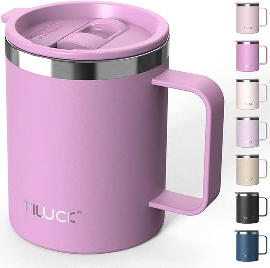 TILUCK 12 oz Insulated Coffee Mug with Lid, Leak-Proof Stainless Steel Travel Mug Cup with Handle for Hot or Cold Drinks(Lilac, 12oz)